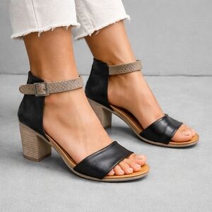 Miz Mooz Black and Taupe Block Heel Sandals